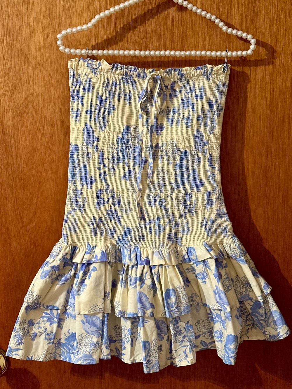 Boutique Cornflower Blue & Pale Yellow “Olivaceous” Tiered Ruffle Mini Dress